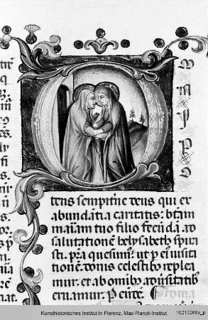 Breviarium Fratrum Minorum cum psalterio et kalendario : Textseite mit historisierter Initiale O: Heimsuchung