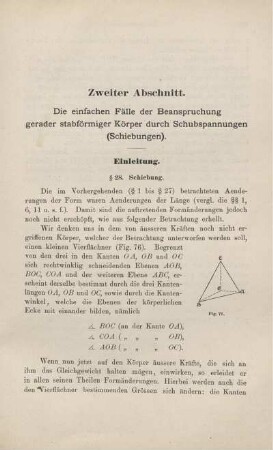 Zweiter Abschnitt. Die einfachen Fälle der Beanspruchung gerader stabförmiger Körper durch Schubspannungen (Schiebungen).