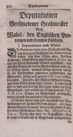 Deputationen Verschiedener Großmeister Nach Wales, den Englischen Provintzen und fremden Ländern.