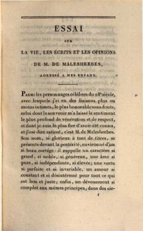 Essai sur la vie, les écrits et les opinions de M. de Malesherbes, adressé à mes enfans, 1