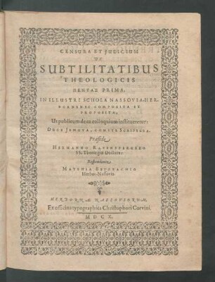 Censura Et Iudicium De Subtilitatibus Theologicis Pentas Prima
