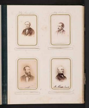 Albumseite 14 mit vier Cartes-de-visite (Porträts von Landtagsabgeordneten) unter Passepartout : Dem fünf und zwanzig Jahre hindurch treu bewährten und wohlverdienten Landtags-Abgeordneten Herrn Christian Gottlieb Riedel : gewidmet von seinen Collegen. Samteinband mit Metallbeschlägen und Metallschließe sowie Goldschnitt; 31 x 24,5 x 4 cm (1873). Dresden: SLUB/DF 2017.D.85
