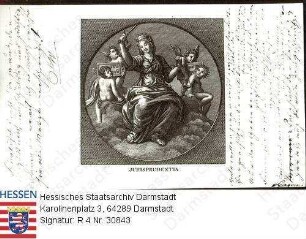 Justiz, Allegorie 'Jurisprudentia' / Symbolfigur in Medaillon / Widmungsblatt von C. Westermann, Burschenschafter Univ. Göttingen, für Heinrich Freiherr v. Gagern (1799-1880), 1817