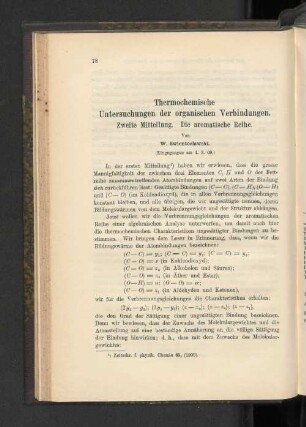 Thermochemische Untersuchungen der organischen Verbindungen. Zweite Mitteilung. Die aromatische Reihe.