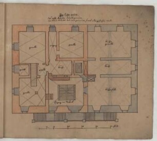 Nürnberg, Sankt Johannis, Schloss, Souterrain, Grundriss : Nürnberg, Sankt Johannis, Schloss, Grundriss des Souterrain mit Raumbezeichnungen und farbiger Kennzeichnung von Baubestand (rot) und Planung (blau), unbekannter Zeichner, 1649. Feder, Pinsel in Wasserfarbe/Papier. 31,7 x 37,1 cm. Bez.: "Der Erste gaden. das rothe bedeütet das alt gemeüer das blaue bedeütet das neue gemeüer, so ans alte gestossen wirdt." Maßstab mit Maßeinheit "schuh" (50 Schuh=16,8 cm).