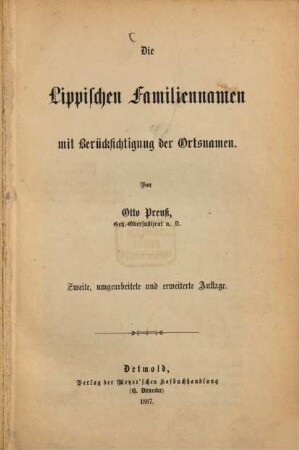 Die Lippischen Familiennamen mit Berücksichtigung der Ortsnamen : Von Otto Preuss