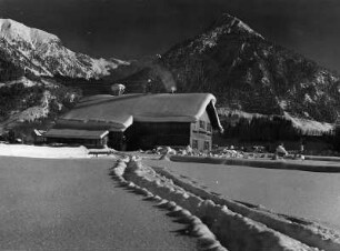 Winterbilder. Gebirgslandschaft mit Spuren im Schnee, zu einem Bauernhaus führend