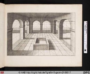 Rechteckiges Bauwerk mit Pfeilern und Rundbögen.