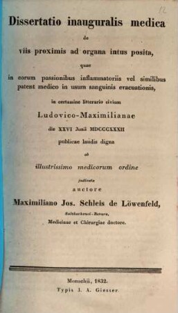 Dissertatio inauguralis medica de viis proximis ad organa intus posita : quae in eorum passionibus inflammatoriis vel similibus patent medico in usum sanguinis evacuationis