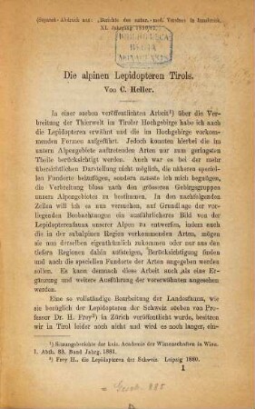 Die alpinen Lepidopteren Tirols : (Sep.-Abdr. aus: Berichte des naturw. medic. Vereines in Innsbruck. XI. Jahrg. 1880/81)