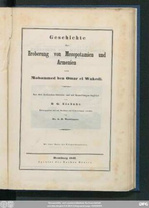 Geschichte der Eroberung von Mesopotamien und Armenien : mit einer Karte des Kriegsschauplatzes