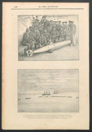 [El Torpedo lanzado al Blanco Encalada] : 1. - Torpedo tirado al Blanco Encalada por el Lynch, recogido por el comandante militar del Cachapoal capitán Donoso. 2. - Punta del torpedo destornillado para descargarlo. 3. - Capitán M. Dongall y la tripulación del Cachapoal a donde fue trasladado el torpedo.
