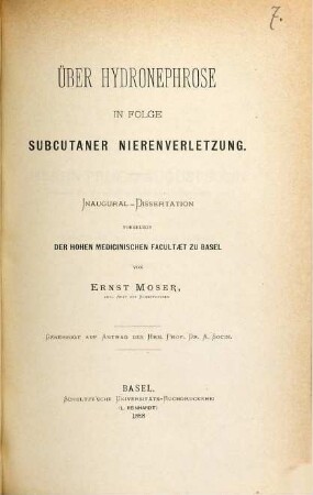 Über Hydronephrose in Folge subcutaner Nierenverletzung : Inaug.-Diss.
