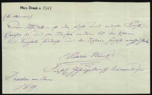 Brief von Marie Wieck an Clara Schumann ? : Brief von Marie Wieck vermutlich an ihre Halbschwester Clara Schumann, Dresden .06.1879. Brief. Dresden: SLUB Mscr.Dresd.s.1347