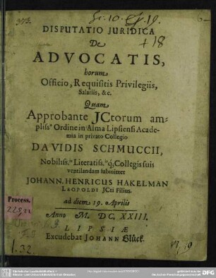 De advocatis : disputatio juridica; horum officio, requisitis privilegiis salariis etc.