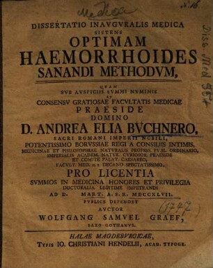 Dissertatio Inavgvralis Medica Sistens Optimam Haemorrhoides Sanandi Methodvm