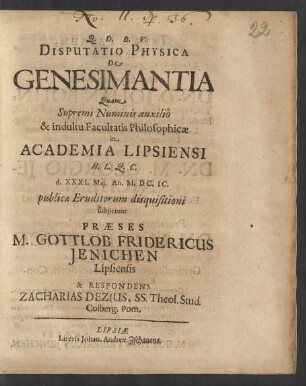 Disputatio Physica De Genesimantia