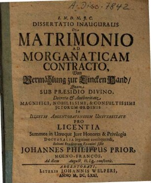 Dissertatio Inauguralis De Matrimonio Ad Morganaticam Contracto, Von Vermählung zur Lincken Hand