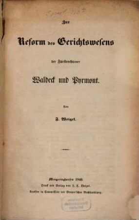 Zur Reform des Gerichtswesens der Fürstenthümer Waldeck und Pyrmont