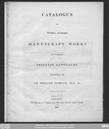 Catalogue of several hundred manuscript works in various oriental languages