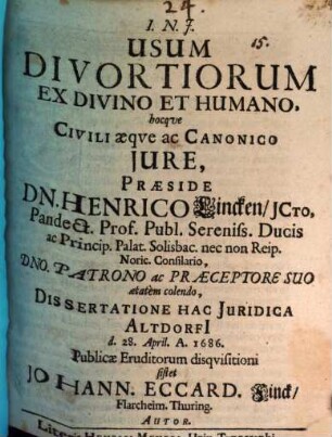 Usum divortiorum ex divino et humano, hocque civili aeque ac canonico iure