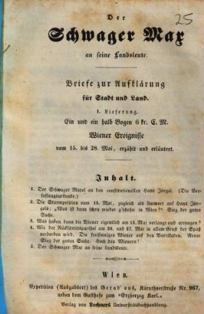 Der Schwager Max an seine Landsleute : Briefe zur Aufklärung f. Stadt u. Land. 1