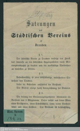 Satzungen des Städtischen Vereins zu Dresden
