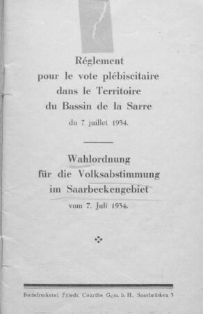 Règlement pour le vote plébiscitaire dans le Territoire du Bassin de la Sarre du 7 juillet 1934