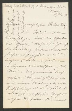 Brief an Hans von Bülow : 15.07.1892