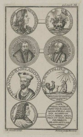 Medaillen mit den Bildnissen von Urban Hiärne, Caspar Naeve, François Rabelais und Johann Jacob Scheuchzer
