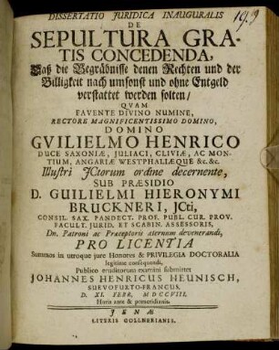 Dissertatio Juridica Inauguralis De Sepultura Gratis Concedenda