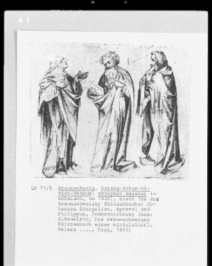 Das Braunschweiger Skizzenbuch — Die Heiligen Barbara, Dorothea und Katharina, Folio 12 recto — Die Heiligen Philippus, Johannes und ein weiterer Apostel, Folio 12verso