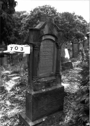 Grabstein 703 (Index: 100099644) Maße HxBxT: 175x59x12 cm Besonderheit: kulturhistorisch wertvoll / hist.-wiss. Gründe (Gemeindestellung): Grabstein 703