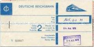 Fahrkarte der Deutschen Reichsbahn für eine Fahrt von Karl-Marx-Stadt nach Mannheim mit "Benutzungsbedingungen" in deutscher, englischer und französischer Sprache