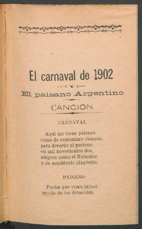 El carnaval de 1902 y El paisano argentino : Canción