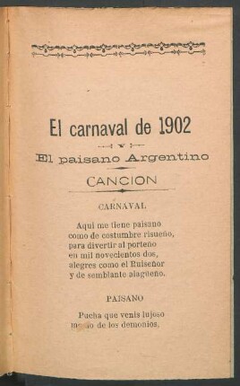 El carnaval de 1902 y El paisano argentino : Canción