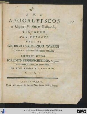 Apocalypseos a Capite IV - Finem Illustrandae Tentamen Deo Volente
