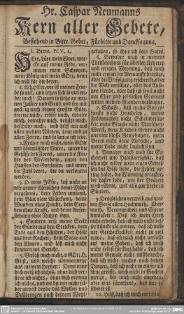 Hr. Caspar Neumanns Kern aller Gebete, Bestehend in Bitte, Gebeth, Fürbitte und Dancksagung