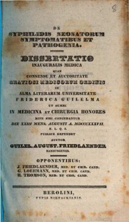 De syphilidis neonatorum symptomatibus et pathogenia : Dissertatio inauguralis medica