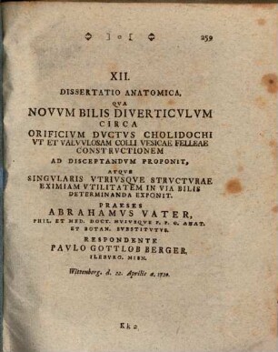 Diss. anat. qua novum bilis diverticulum circa orificium ductus cholidochi