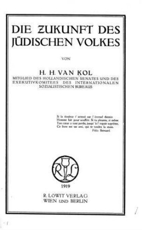 Die Zukunft des jüdischen Volkes / von H. H. van Kol
