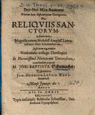 Priorem hanc Disputationem Theologicam De Reliqviis Sanctorvm
