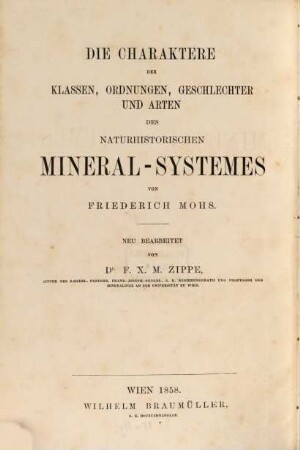 Die Charaktere der Klassen, Ordnungen, Geschlechter und Arten des naturhistorischen Mineral-Systems