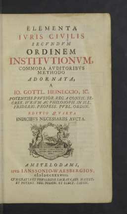 Elementa Ivris Civilis Secvndvm Ordinem Institvtionvm : Commoda Auditoribus Methodo Adornata