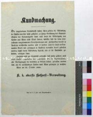 Bekanntmachung der k. k. Obersten Hofpost-Verwaltung