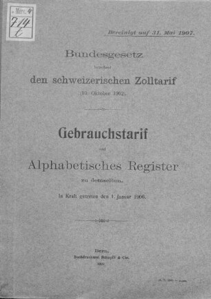 Gebrauchstarif und alphabetisches Register zu demselben