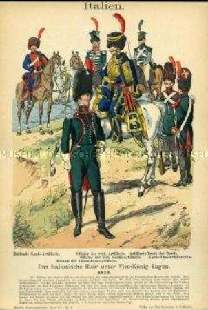 Uniformdarstellung, Offiziere und Gemeine der Artillerie zu Pferde bzw. der Artillerie zu Fuß, Italien, 1812.
