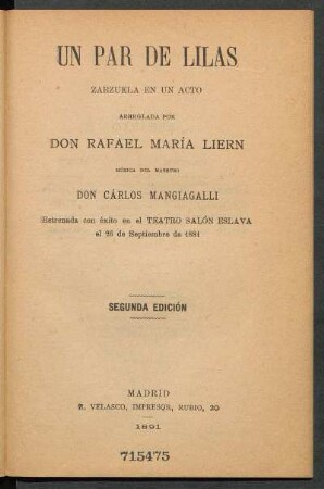 Un par de lilas : zarzuela en un acto