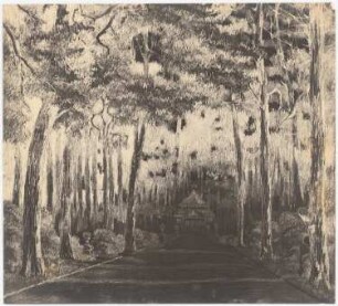 Waldfriedhof Wilmersdorf, Stahnsdorf: Perspektivische Ansicht mit Blick aus der Hauptachse auf die Kapelle (Negativabzug, Ausschnitt)