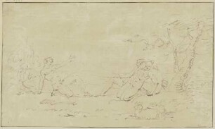 Antikische Szene mit fünf nackten Gestalten, links eine Kauernde, sich abwendende Frau, daneben ein ein Kniender und, rechts ein Mann und zwei einander umarmende Frauen, im Vordergrund ein liegendes Schaf